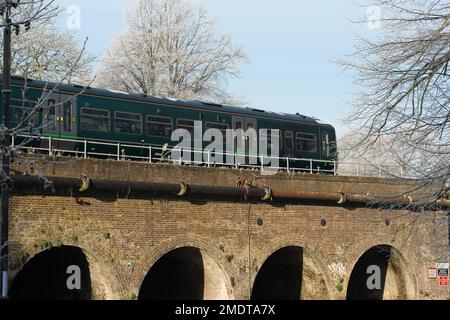 Windsor, Berkshire, UK. 23rd January, 2022. A GWR train from en route from Slough to Windsor Central Station today. Train unions RMT and ASLEF have announced that there will be further train strikes on 1st and 3rd February 2023 in an ongoing dispute over pay and conditions. Credit: Maureen McLean/Alamy Live News Stock Photo