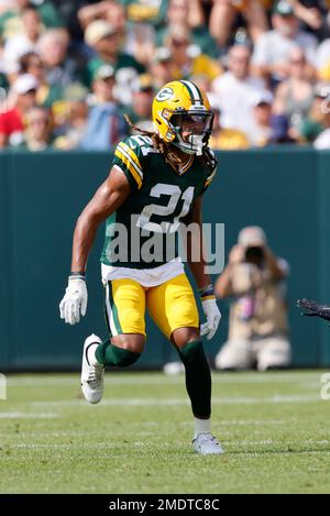 Green Bay Packers cornerback Shemar Jean-Charles (22) and cornerback Eric  Stokes (21) celebrate after an NFL football game against the Arizona  Cardinals, Thursday, Oct. 28, 2021, in Glendale, Ariz. The Packers won