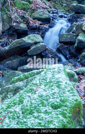 Cleddon Falls with a scattering of snow in the Wye Valley Monmouthshire Wales UK, December 2022 Stock Photo