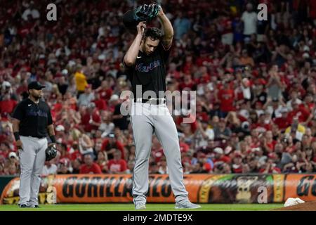 Cincinnati Reds' Kyle Farmer (17) reacts after being hit by a pitch during  a baseball game against the Atlanta Braves Saturday, July 2, 2022, in  Cincinnati. (AP Photo/Jeff Dean Stock Photo - Alamy