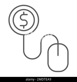 Pay per click thin line icon, internet and marketing, mouse and dollar sign, vector graphics, a linear pattern on a white background, eps 10. Stock Vector