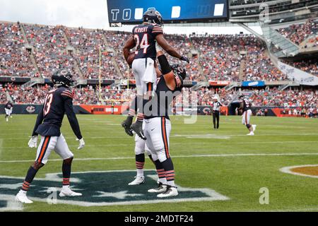 Chicago Bears guard Dieter Eiselen (60) Chicago Bears wide receiver Ihmir  Smith-Marsette (17) before their game against the Green Bay Packers Sunday,  Sept. 18, 2022, in Green Bay, Wis. (AP Photo/Jeffrey Phelps