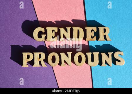 Gender Pronouns, words in wooden alphabet letters isolated on pink, purple and blue background Stock Photo