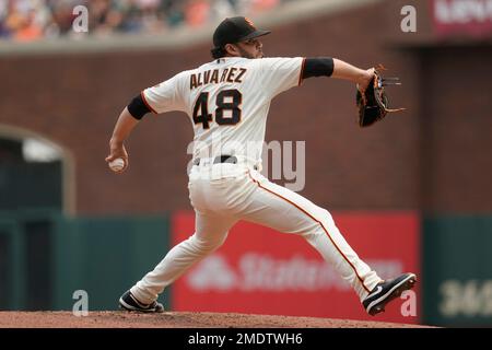 June 27 2021 San Francisco CA, U.S.A. San Francisco Giants relief pitcher  Jose Alvarez (48) on the mound during the MLB game between the Oakland  Athletics and the San Francisco Giants, Giants