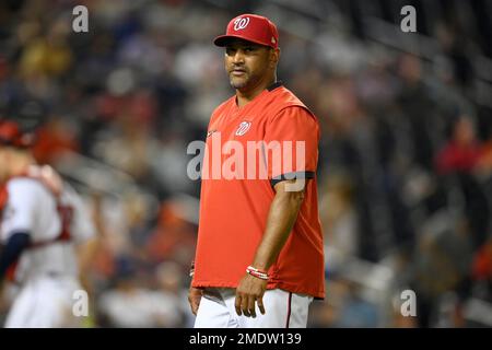 Washington Nationals manager Dave Martinez walks back to the dugout after a  pitching change during a baseball game against the Atlanta Braves early  Saturday, Aug. 14, 2021, in Washington. (AP Photo/Nick Wass