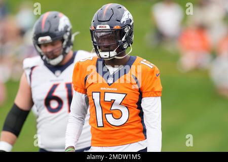 Denver Broncos cornerback Michael Ojemudia (13) takes part in drills at an  NFL football training camp at team headquarters Wednesday, July 28, 2021,  in Englewood, Colo. (AP Photo/David Zalubowski Stock Photo - Alamy