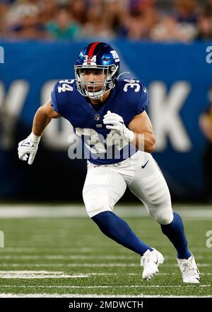 New York Giants running back Sandro Platzgummer (34) reacts after