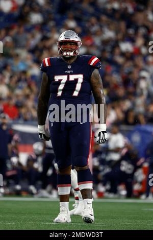 August 9, 2018: New England Patriots offensive tackle Trent Brown (77)  protects the pocket during the NFL pre-season football game between the  Washington Redskins and the New England Patriots at Gillette Stadium