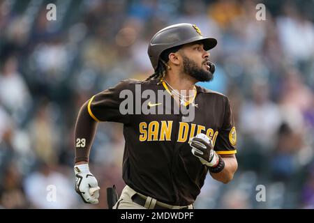 San Diego Padres right fielder Fernando Tatis Jr. (23) in the third inning  of a baseball game Wednesday, Aug. 2, 2023, in Denver. (AP Photo/David  Zalubowski Stock Photo - Alamy