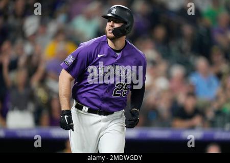 Colorado Rockies first baseman C.J. Cron (25) in the first inning of a  baseball game Wednesday, July 27, 2022, in Denver. (AP Photo/David  Zalubowski Stock Photo - Alamy