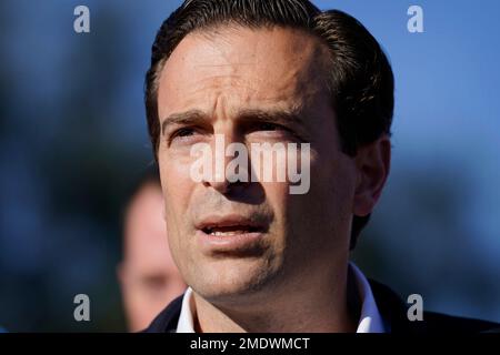 FILE - In this Nov. 5, 2020, file photo, former Nevada Attorney General Adam Laxalt speaks during a news conference in front of the Clark County Election Department in Las Vegas. Republican Adam Laxalt has filed to run for U.S. Senate in Nevada, setting the stage for what could be a decisive battle as both parties fight for control of Congress. Laxalt will aim to unseat Democrat Catherine Cortez Masto, who became the first Latina elected to the Senate in 2016. (AP Photo/John Locher, File)