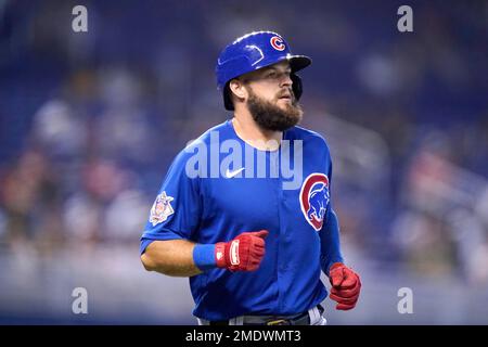 Chicago Cubs' David Bote flies out during the sixth inning of a baseball  game against the Miami Marlins, Sunday, Aug. 15, 2021, in Miami. (AP  Photo/Lynne Sladky Stock Photo - Alamy