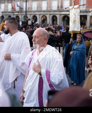 Madrid Spain. January 21, 2023. More than a hundred Roman legionnaires take the Arde Lucus party to the center of Madrid this Saturday Stock Photo