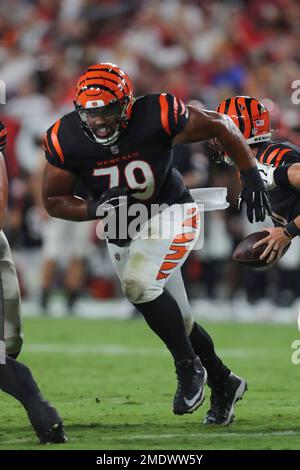 Cincinnati Bengals offensive guard Jackson Carman (79) reacts