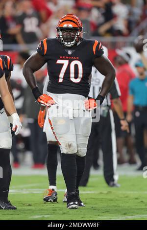 Cincinnati Bengals offensive tackle D'Ante Smith (70) warms up before the  NFL Super Bowl 56 football game against the Los Angeles Rams Sunday, Feb.  13, 2022, in Inglewood, Calif. (AP Photo/Steve Luciano