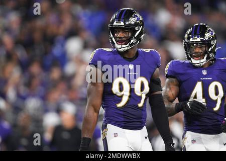 Baltimore Ravens linebacker Odafe Oweh (99) in action during the third  quarter an NFL preseason football game against the New Orleans Saints  Saturday, Aug. 14, 2021, in Baltimore. (AP Photo/Terrance Williams Stock