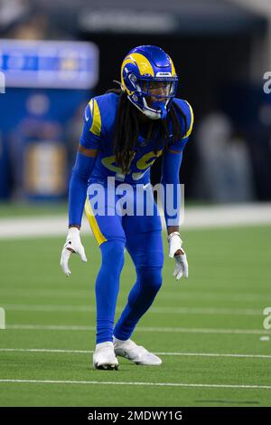 Los Angeles Rams cornerback Donovan Olumba (49) during a NFL preseason game  against the Las Vegas Raiders, Saturday, August 21, 2021, in Inglewood, CA.  The Raiders defeated the Rams 17-16. (jon Endow/Image