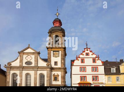 Steinernes Haus, and the Catholic Church of the Assumption of Mary, Old Market, Hachenburg, Westerwaldkreis in Rhineland-Palatinate, Germany Stock Photo