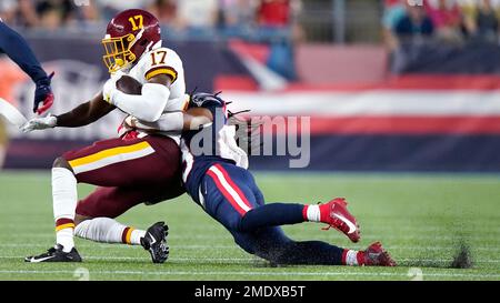 Washington Football Team wide receiver Terry McLaurin (17) spikes the ball  after scoring a touchdown during the second half of an NFL football game  against the Atlanta Falcons, Sunday, Oct. 3, 2021