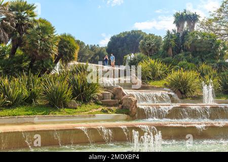 BARCELONA, SPAIN - MAY 11, 2017: This is an artificial water cascade in the Mirador de l'Alcalde Gardens on Montjuic. Stock Photo