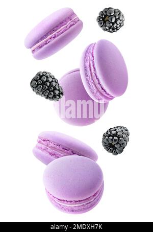 Pink macaroons and blackberries levitating isolated on white background Stock Photo