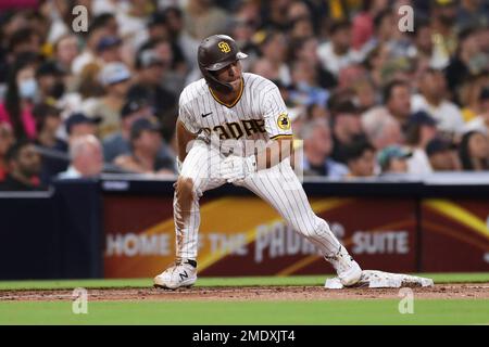 LOS ANGELES, CA - SEPTEMBER 10: San Diego Padres second baseman Adam Frazier  (12) looks on during batting practice before the MLB game between the San  Diego Padres and the Los Angeles