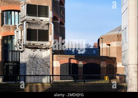 22 Jan 2023 - LondonUK: modern office building with modern art on sunny day Stock Photo