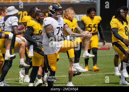 Pittsburgh Steelers offensive tackle Zach Banner (72) on the field prior to  an NFL football game against the Minnesota Vikings, Thursday, Dec. 9, 2021  in Minneapolis. Minnesota won 36-28. (AP Photo/Stacy Bengs