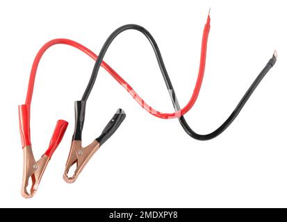 Terminals wire clamps red and black alligator clips for inverter-voltage converter. Clothespin clips car cigarette lighter isolated on white background. clamping alligators Stock Photo