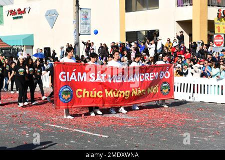 WESTMINSTER, CALIFORNIA - 22 JAN 2023: County Supervisor Andrew Do banner at the Tet Parade Celebrating the Year of the Cat. Stock Photo