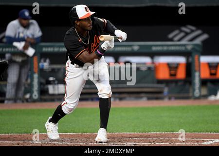 Baltimore Orioles Jorge Mateo (3) throws to first base during a spring  training baseball game against the Pittsburgh Pirates on March 8, 2023 at  Ed Smith Stadium in Sarasota, Florida. (Mike Janes/Four