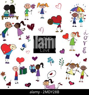 Love Couple Colorful Set. Vector Hand Drawn Illustration. Stock Vector