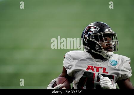 Atlanta Falcons running back Caleb Huntley (42) runs against the San  Francisco 49ers during the first half of an NFL football game, Sunday, Oct.  16, 2022, in Atlanta. (AP Photo/John Bazemore Stock