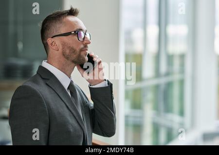 Side view of young confident director of business company talking to one of his subordinates on smartphone in front of camera Stock Photo