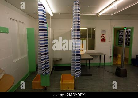 The intimate search area for newly-arrived prisoners at HMP Liverpool, also known as Walton Prison. The prison was given a scathing report in 2017 which pointed out various failings and problems. Present governor Pia Sinha was appointed in that year and in the next two years she turned the prison around with a programme of improvements and support for inmates and infrastructure. HMP Liverpool houses a maximum of 700 prisoners with an overall staff of around 250. Stock Photo