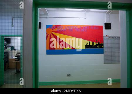 The reception area for newly-arrived prisoners at HMP Liverpool, also known as Walton Prison. The prison was given a scathing report in 2017 which pointed out various failings and problems. Present governor Pia Sinha was appointed in that year and in the next two years she turned the prison around with a programme of improvements and support for inmates and infrastructure. HMP Liverpool houses a maximum of 700 prisoners with an overall staff of around 250. Stock Photo