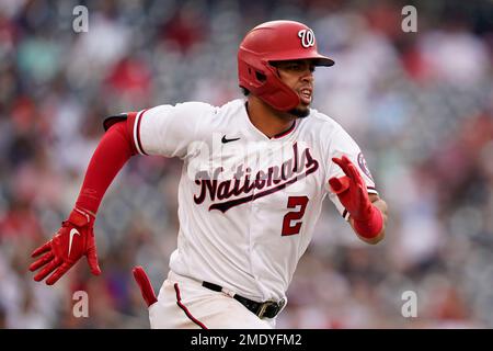 Washington Nationals' Luis Garcia runs to first base on a groundout during  the first inning of a baseball game against the Texas Rangers Monday, June  27, 2022, in Arlington, Texas. Texas won