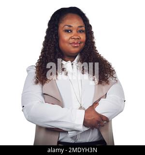 Black woman, portrait and proud business owner in studio with attitude, ambition and white background. Face, black business and lady manager empowered Stock Photo