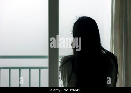 The back of a woman looking out the window, A fog-shrouded city view through the banister Stock Photo