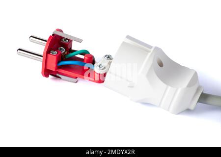 Electric plug with outlet isolated on white background. European electric plug assembly. dismantled electric plug Stock Photo