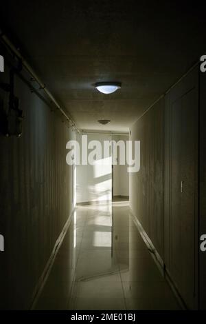 You can see the light at the end of the hall, hallway of apartment building Stock Photo
