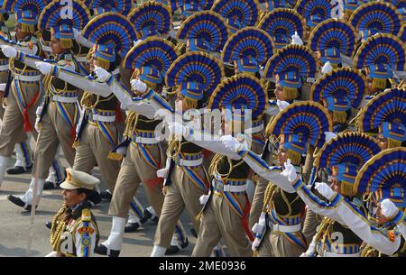 New Delhi, India. 23rd Jan, 2023. Indian women from Central Reserve Police Force 'CRPF' marching Contingent at Kartvya Path during the full dress rehearsal for the upcoming Republic Day parade. India will celebrate its 74th Republic Day on 26 January 2023. President of Arab Republic of Egypt, Abdel Fattah El-Sisi is the chief guest. Credit: SOPA Images Limited/Alamy Live News Stock Photo