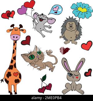 Love Animals Doddle Colorful Set. Vector Illustration. Stock Vector