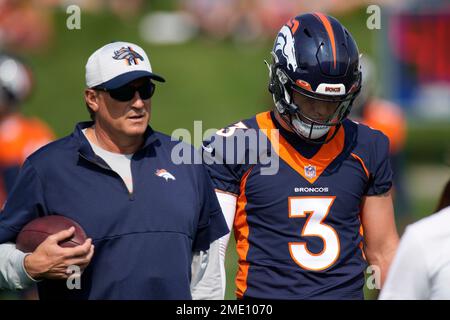 Denver Broncos quarterback Drew Lock (3) takes part in drills at an NFL  football training camp at team headquarters Wednesday, July 28, 2021, in  Englewood, Colo. (AP Photo/David Zalubowski Stock Photo - Alamy