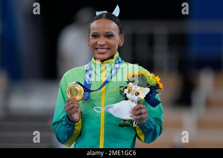 Rebeca Andrade of Brazil, poses after winning the gold medal for the ...