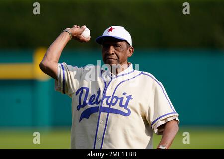 Pedro Sierra, a former Negro League baseball player, looks on before a  baseball game between the Detroit Tigers and San Diego Padres, Saturday,  July 22, 2023, in Detroit. (AP Photo/Paul Sancya Stock