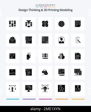 Creative Design Thinking And D Printing Modeling 25 Glyph Solid Black icon pack  Such As pros. project. database. satanic. bulb Stock Vector