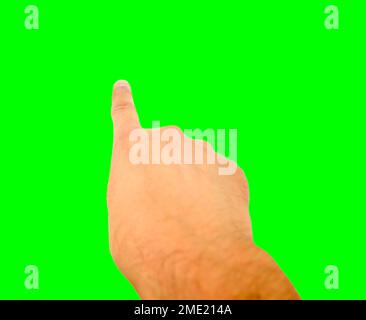 Close-up of man hand pointing over isolated cutout on green background with chroma key Stock Photo
