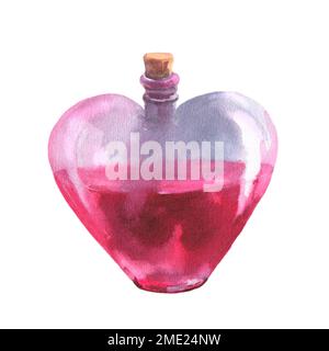 Watercolor love potion elixir in heart shaped bottle illustration. Hand  drawn pink vial clipart element isolated on white background. For  Valentine's Stock Photo - Alamy