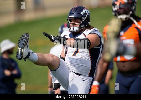 Denver Broncos center Quinn Meinerz (77) takes part in drills at an NFL  football training camp at team headquarters Thursday, July 29, 2021, in  Englewood, Colo. (AP Photo/David Zalubowski Stock Photo - Alamy